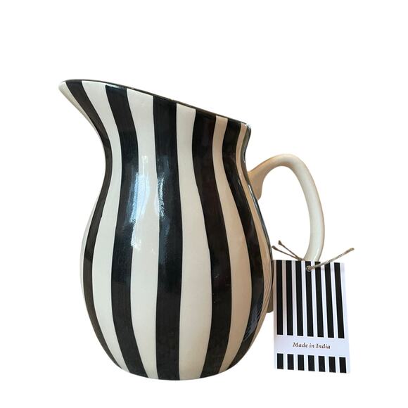 Hand Painted Striped Ceramic Pitcher 8in Made in India Black & Cream NEW - Picture 7 of 15